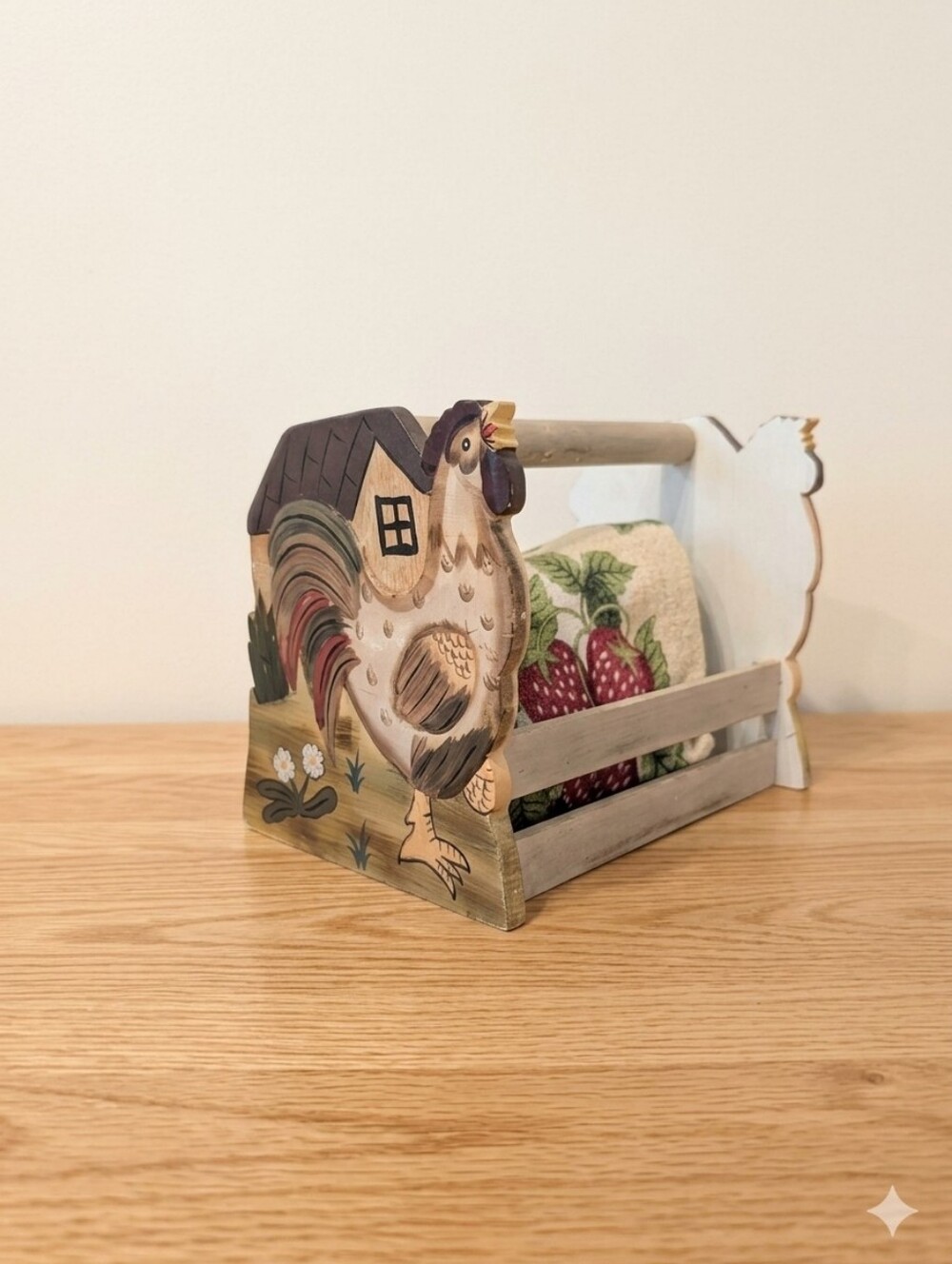 Vintage Hand‑Painted Wooden Rooster Basket – Farmhouse Country Decor